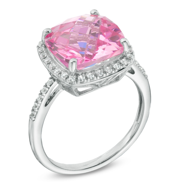 11.0mm Cushion-Cut Lab-Created Pink and White Sapphire Frame Ring in Sterling Silver