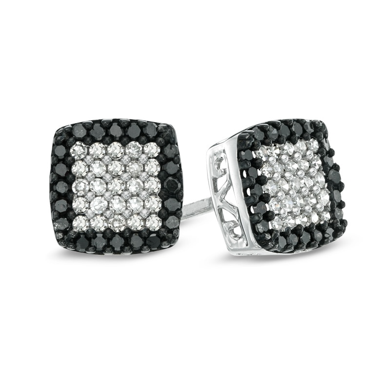 Main Image 1 of 1/4 CT. T.W. Enhanced Black and White Diamond Square Cluster Stud Earrings in 10K White Gold