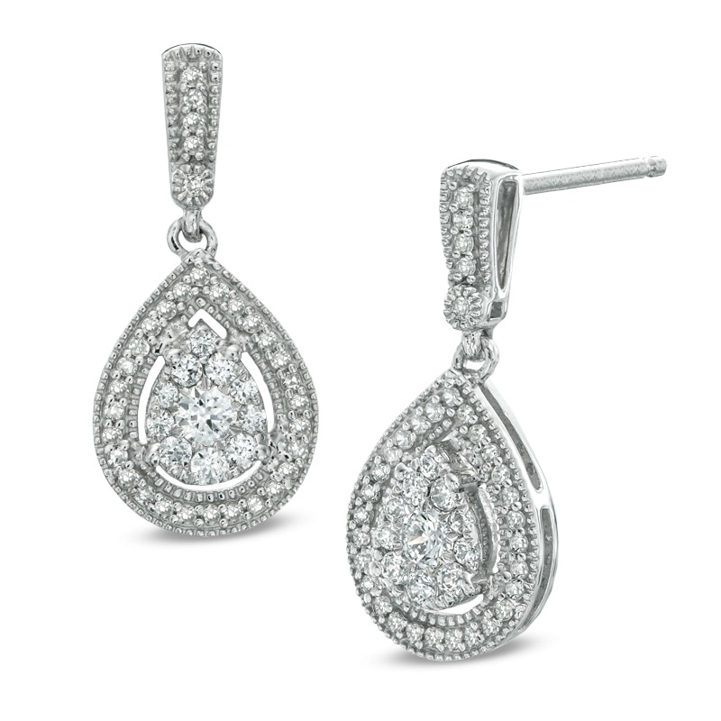 Main Image 1 of 1/2 CT. T.W. Diamond Vintage-Style Frame Teardrop Earrings in 10K White Gold