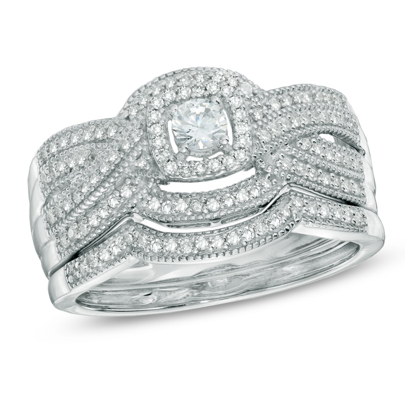 Main Image 1 of 1/2 CT. T.W. Diamond Layered Vintage-Style Frame Bridal Set in 14K White Gold