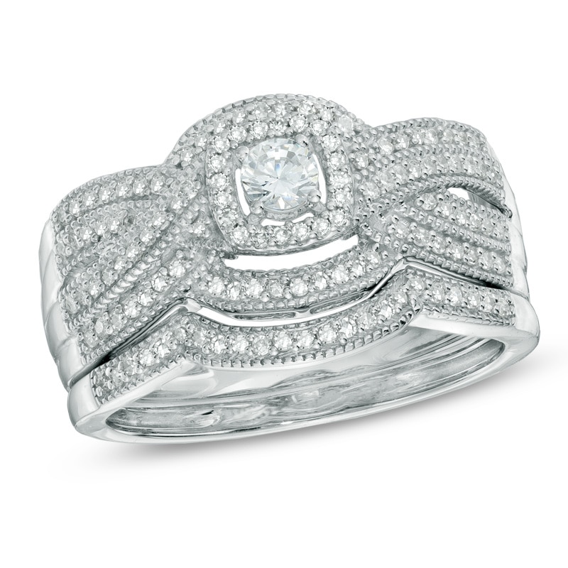 1/2 CT. T.W. Diamond Layered Vintage-Style Frame Bridal Set in 14K White Gold