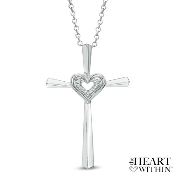 Diamond Accent Cross with Heart Pendant in Sterling Silver