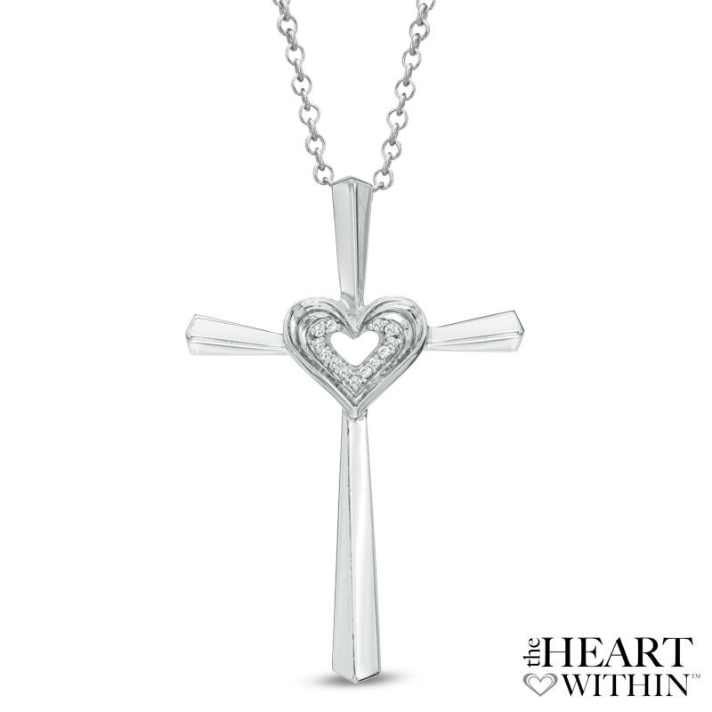 Main Image 1 of Diamond Accent Cross with Heart Pendant in Sterling Silver