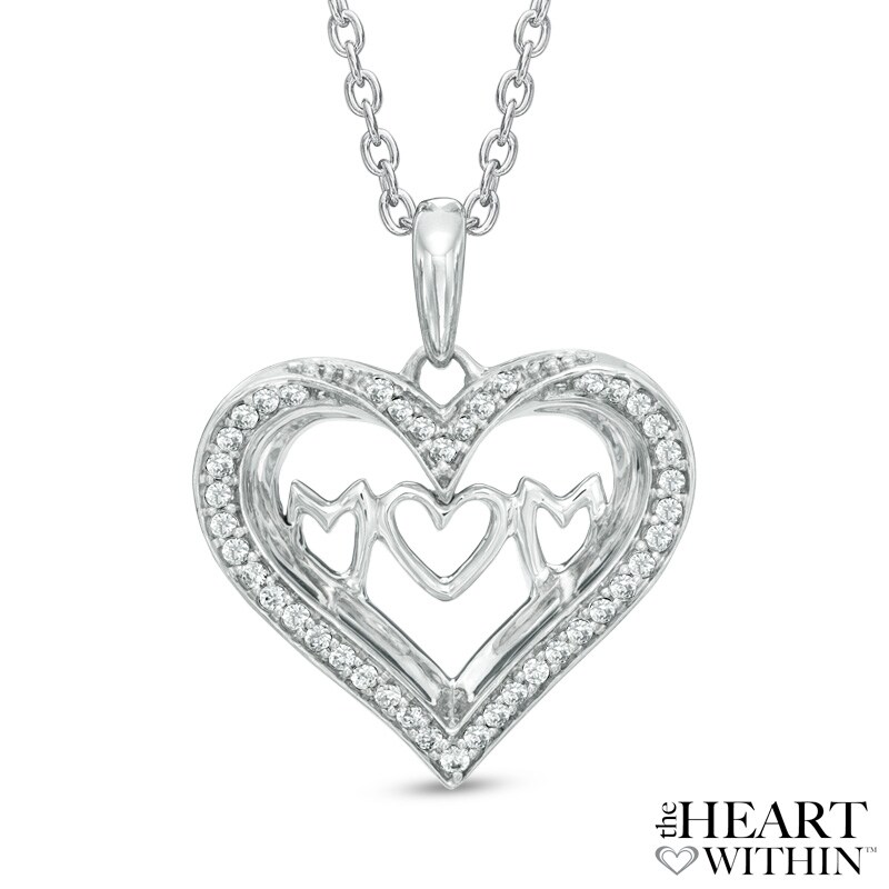 Main Image 1 of 1/8 CT. T.W. Diamond "MOM" Heart Pendant in Sterling Silver
