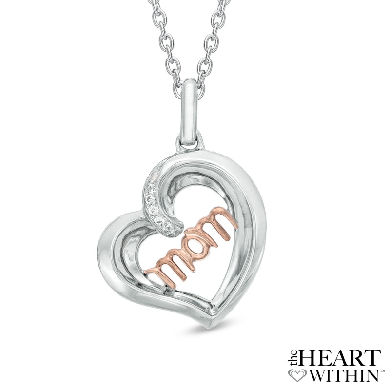Main Image 1 of Diamond Accent Tilted "MOM" Heart Pendant in Sterling Silver and 10K Rose Gold