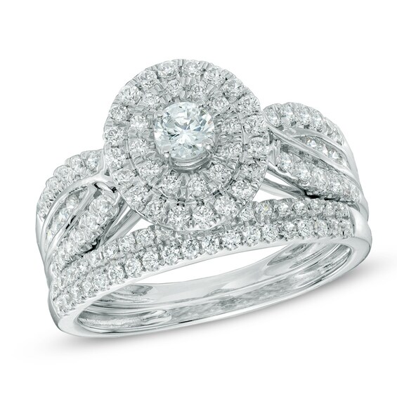 1 CT T W Diamond Double Frame Bridal Set in 14K White 1 CT T W Diamond Double Frame Bridal Set in 14K White