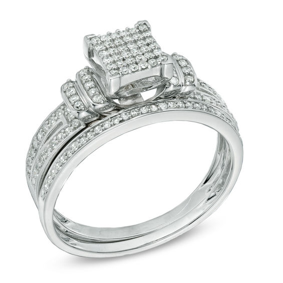 1/3 CT. T.w. Diamond Square Composite Double Collar Bridal Set in 10K White Gold