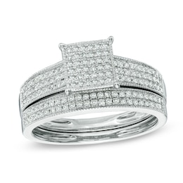 1/3 CT. T.W. Multi-Diamond Square Vintage-Style Bridal Set in 10K White Gold