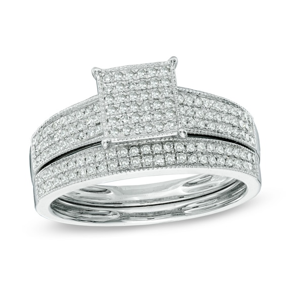 1/3 CT. T.w. Multi-Diamond Square Vintage-Style Bridal Set in 10K White Gold