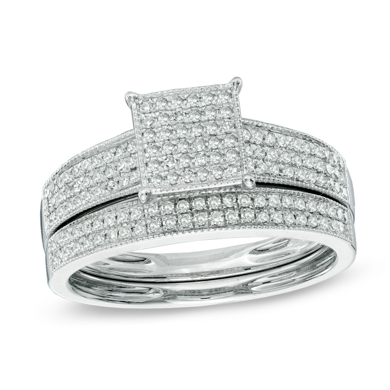 Main Image 1 of 1/3 CT. T.W. Multi-Diamond Square Vintage-Style Bridal Set in 10K White Gold