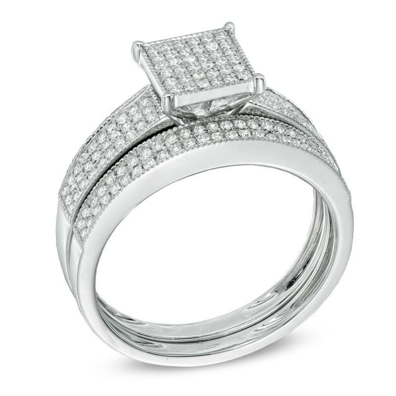 Main Image 2 of 1/3 CT. T.W. Multi-Diamond Square Vintage-Style Bridal Set in 10K White Gold