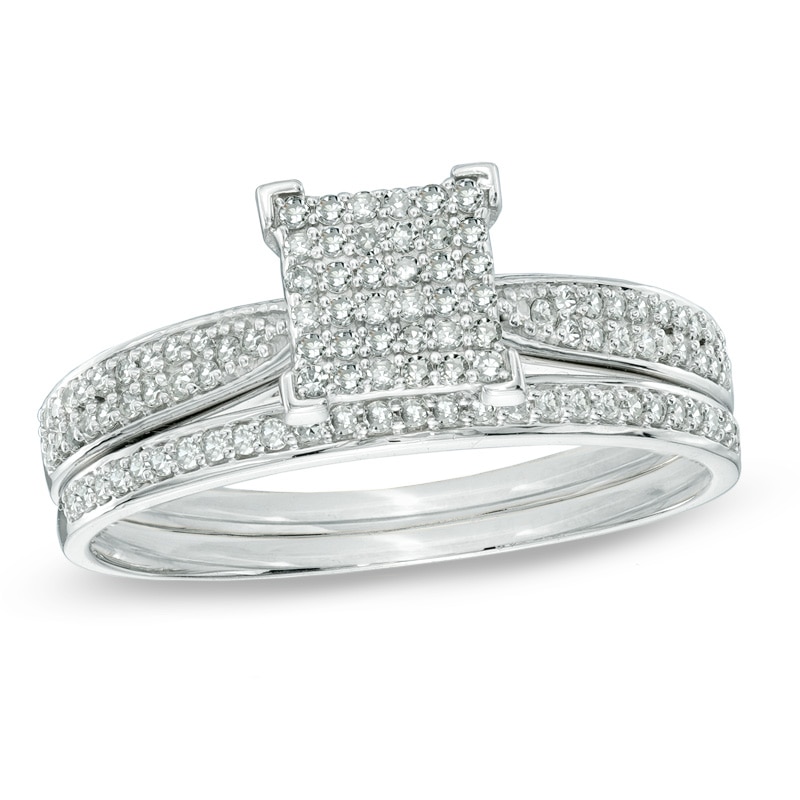 1/3 CT. T.W. Multi-Diamond Square Bridal Set in 10K White Gold