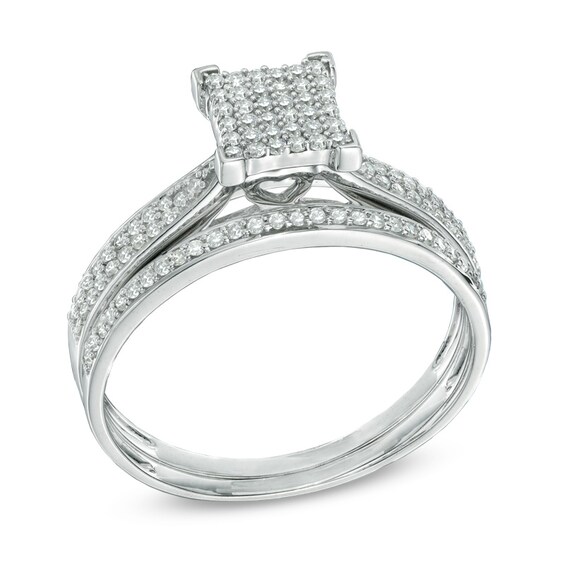 1/3 CT. T.w. Multi-Diamond Square Bridal Set in 10K White Gold