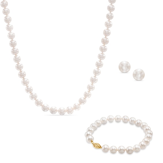 7.5-8.0mm Freshwater Cultured Pearl Strand Necklace, Bracelet and Earrings Set in 14K Gold