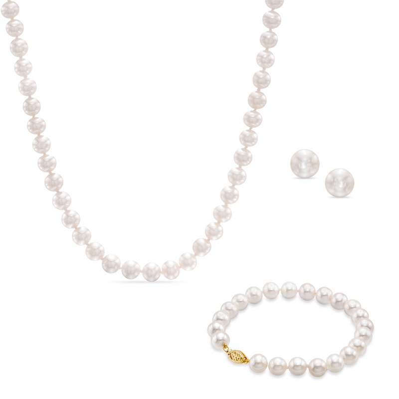 Main Image 1 of 7.5-8.0mm Freshwater Cultured Pearl Strand Necklace, Bracelet and Earrings Set in 14K Gold