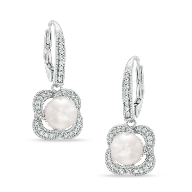 Main Image 1 of 6.5-7.0mm Freshwater Cultured Pearl and Lab-Created White Sapphire Drop Swirl Earrings in Sterling Silver