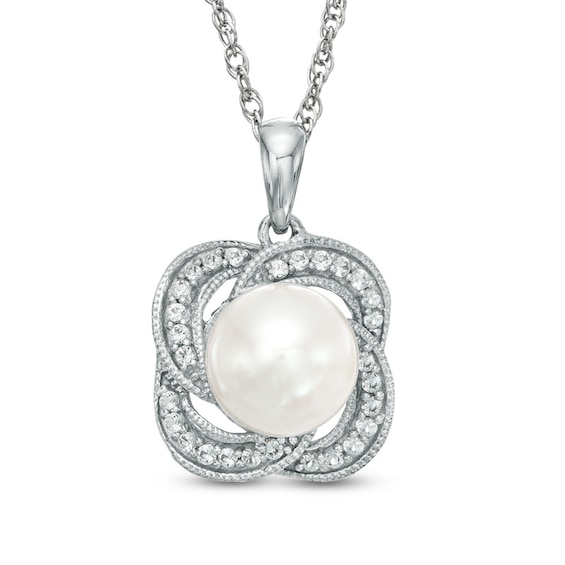 7.5-8.0mm Freshwater Cultured Pearl and Lab-Created White Sapphire Swirl Pendant in Sterling Silver
