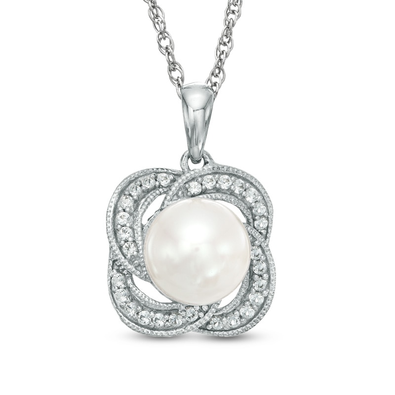 Main Image 1 of 7.5-8.0mm Freshwater Cultured Pearl and Lab-Created White Sapphire Swirl Pendant in Sterling Silver