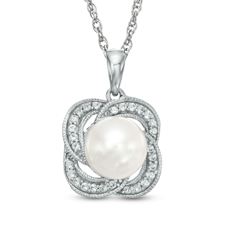 7.5 - 8.0mm Cultured Freshwater Pearl and Lab-Created White Sapphire Swirl Pendant in Sterling Silver