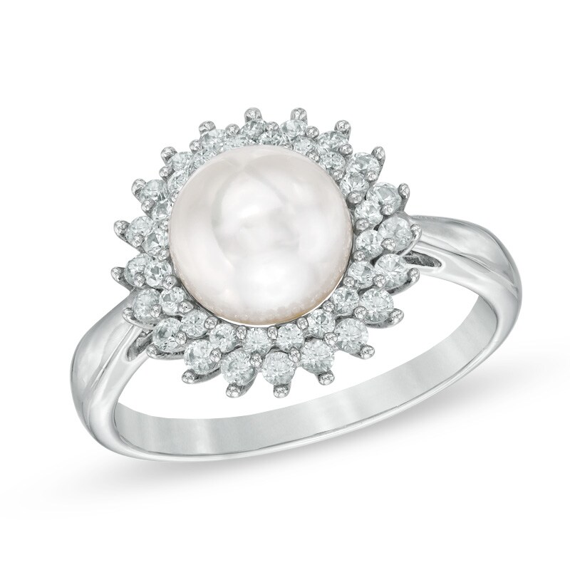 Main Image 1 of 7.5-8.0mm Freshwater Cultured Pearl and Lab-Created White Sapphire Ring in Sterling Silver