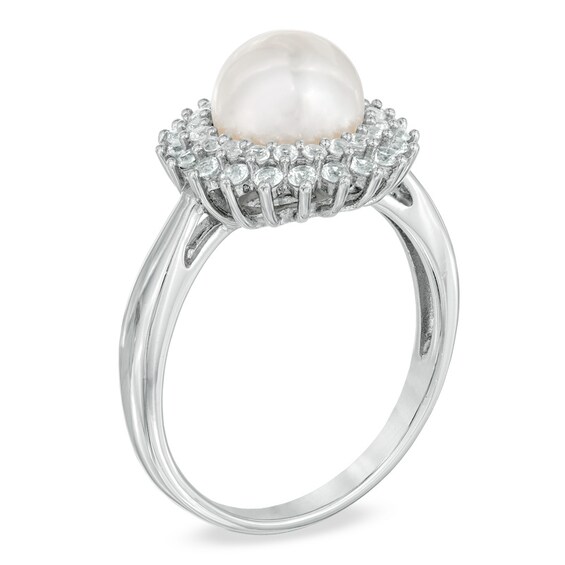 7.5-8.0mm Freshwater Cultured Pearl and Lab-Created White Sapphire Ring in Sterling Silver