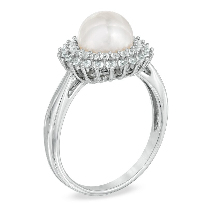 Main Image 2 of 7.5-8.0mm Freshwater Cultured Pearl and Lab-Created White Sapphire Ring in Sterling Silver