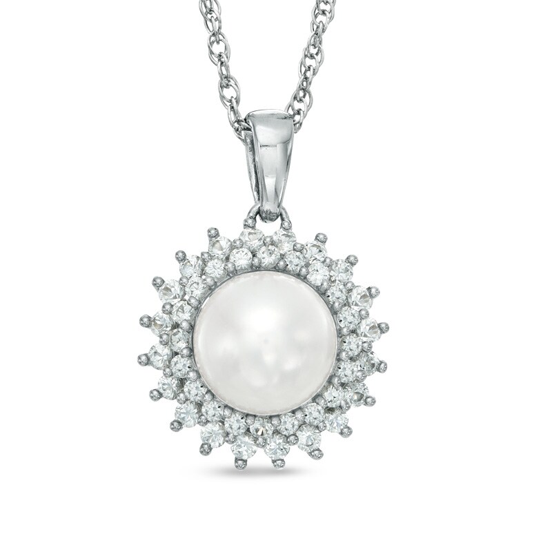 Main Image 1 of 7.5-8.0mm Freshwater Cultured Pearl and Lab-Created White Sapphire Pendant in Sterling Silver