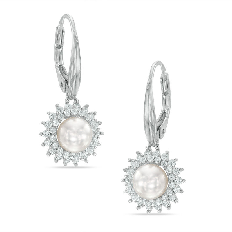 6.5 - 7.0mm Cultured Freshwater Pearl and Lab-Created White Sapphire Drop Earrings in Sterling Silver