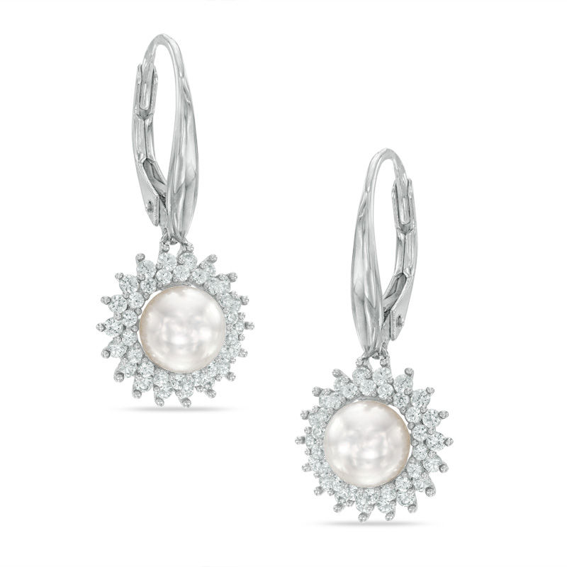 Main Image 1 of 6.5-7.0mm Freshwater Cultured Pearl and Lab-Created White Sapphire Drop Earrings in Sterling Silver