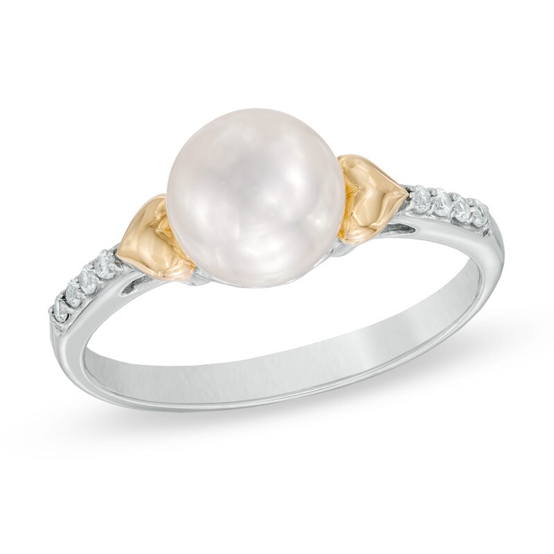 Main Image 1 of 7.5-8.0mm Freshwater Cultured Pearl and Lab-Created White Sapphire Heart Ring in Sterling Silver and 14K Gold Plate