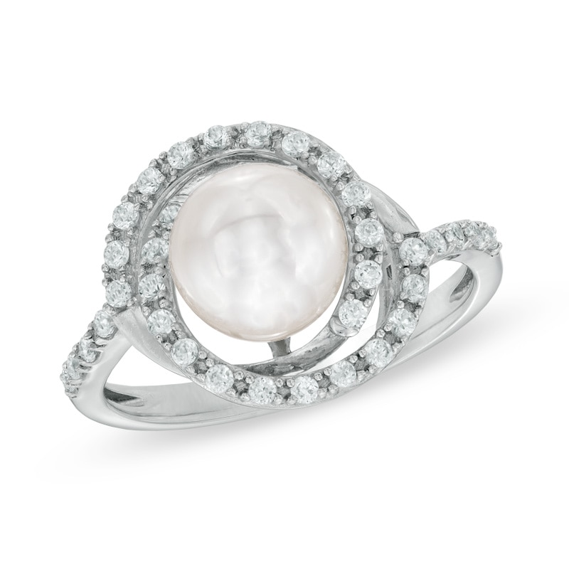 7.5 - 8.0mm Cultured Freshwater Pearl and Lab-Created White Sapphire Swirl Frame Ring in Sterling Silver