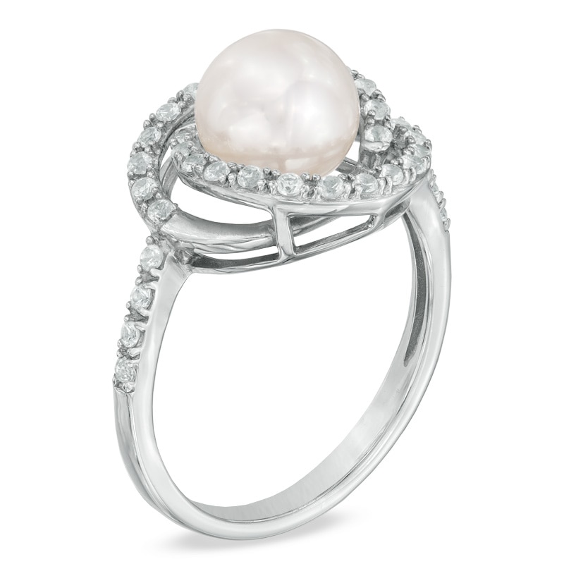 Main Image 2 of 7.5-8.0mm Freshwater Cultured Pearl and Lab-Created White Sapphire Swirl Frame Ring in Sterling Silver