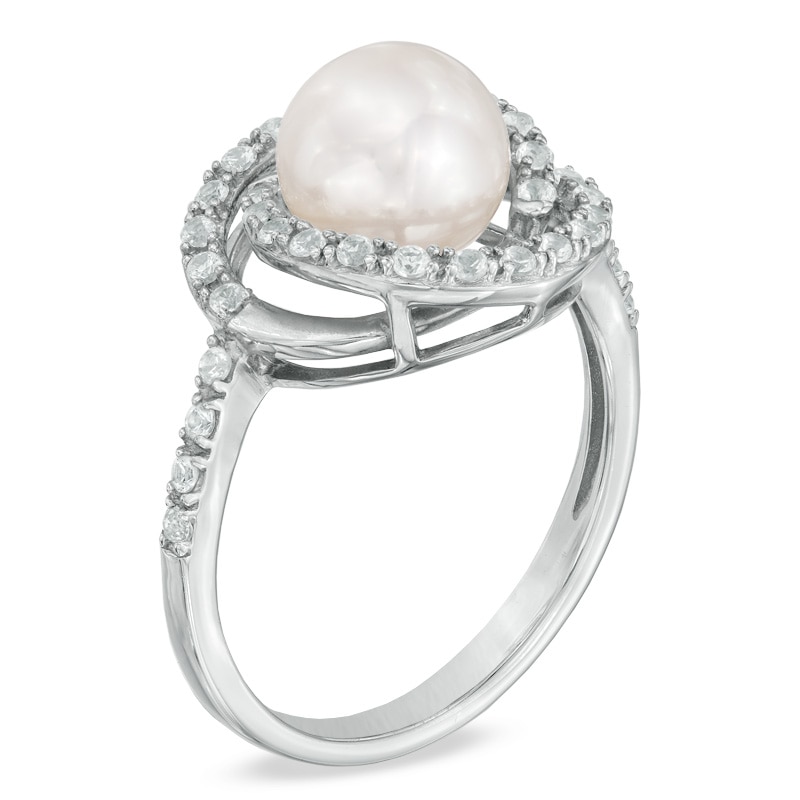 7.5 - 8.0mm Cultured Freshwater Pearl and Lab-Created White Sapphire Swirl Frame Ring in Sterling Silver