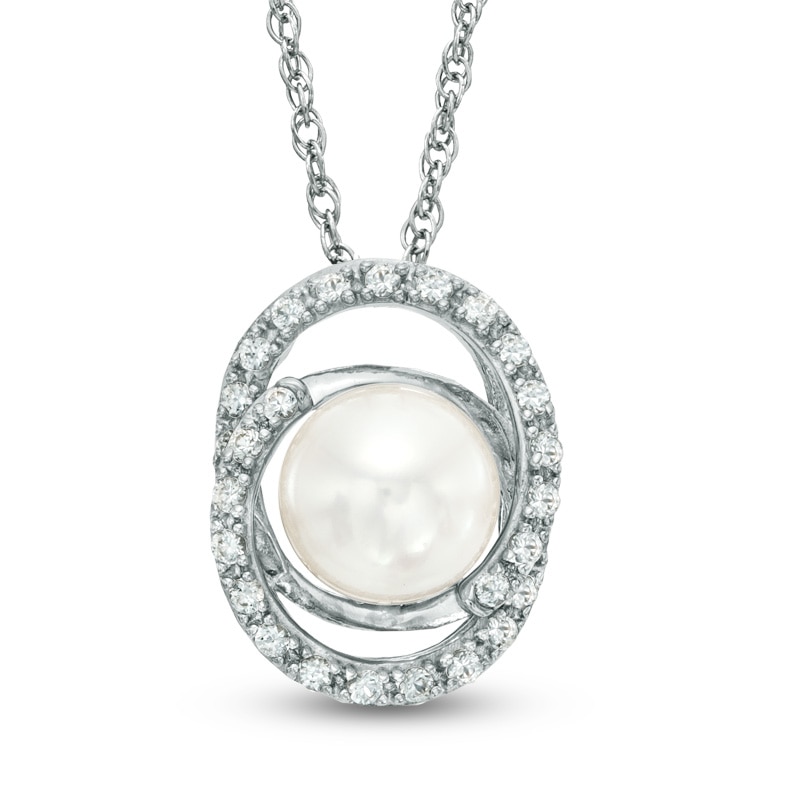 Main Image 1 of 7.5-8.0mm Freshwater Cultured Pearl and Lab-Created White Sapphire Loop Pendant in Sterling Silver