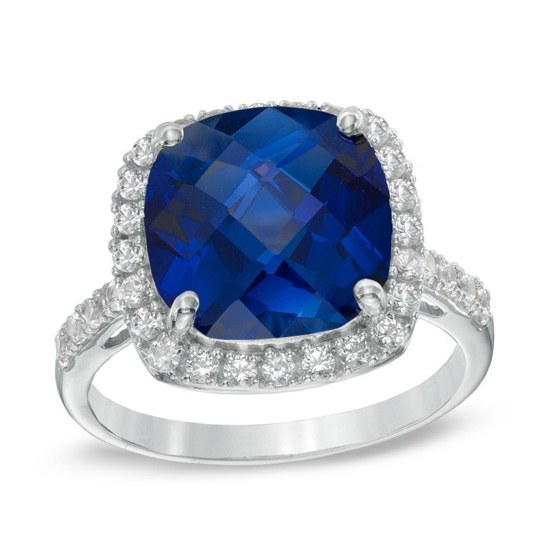 Main Image 1 of 11.0mm Cushion-Cut Lab-Created Blue and White Sapphire Thick Frame Ring in Sterling Silver
