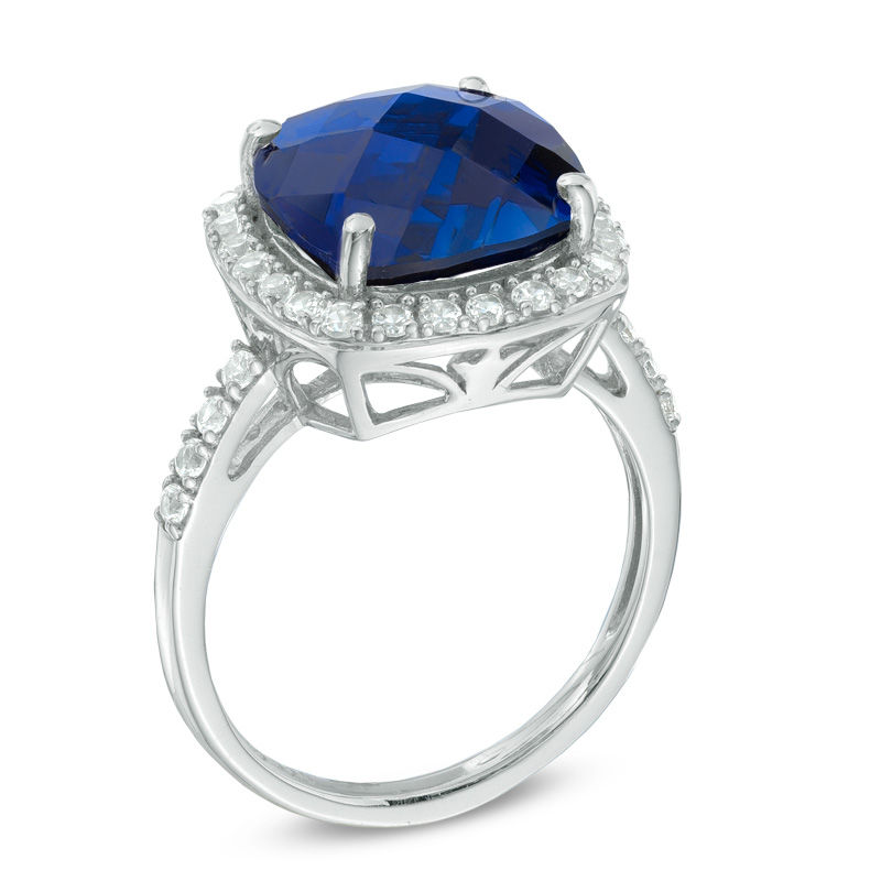 Main Image 2 of 11.0mm Cushion-Cut Lab-Created Blue and White Sapphire Thick Frame Ring in Sterling Silver