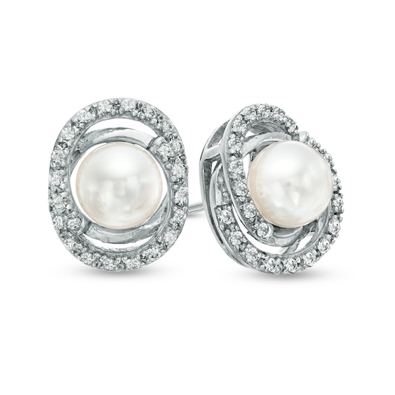 5.5-6.0mm Freshwater Cultured Pearl and Lab-Created White Sapphire Loop Earrings in Sterling Silver