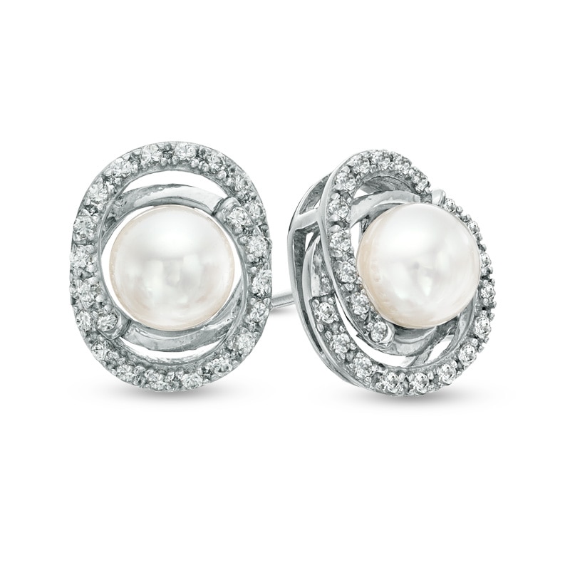 5.5 - 6.0mm Cultured Freshwater Pearl and Lab-Created White Sapphire Loop Earrings in Sterling Silver
