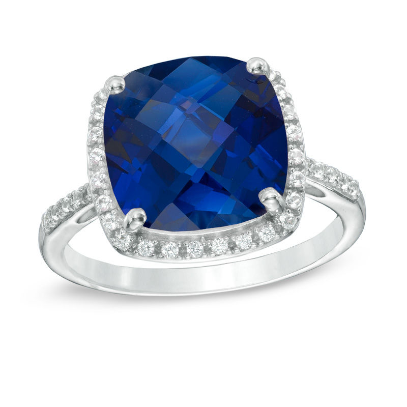 Main Image 1 of 11.0mm Cushion-Cut Lab-Created Blue and White Sapphire Thin Frame Ring in Sterling Silver