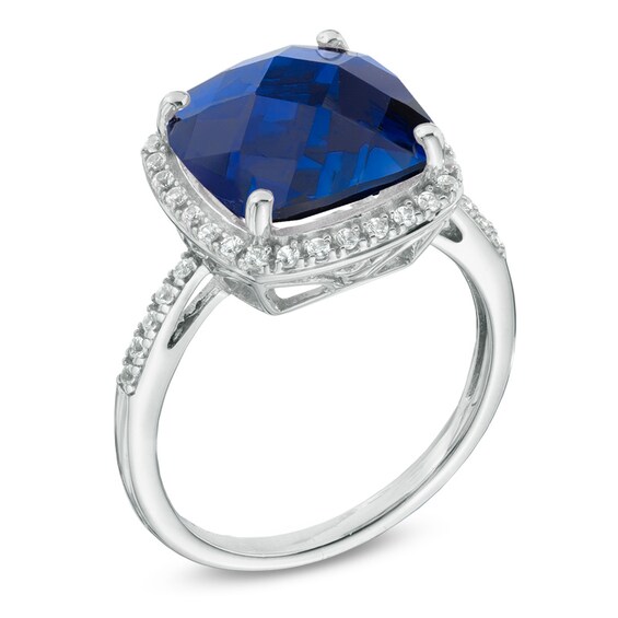 11.0mm Cushion-Cut Lab-Created Blue and White Sapphire Thin Frame Ring in Sterling Silver