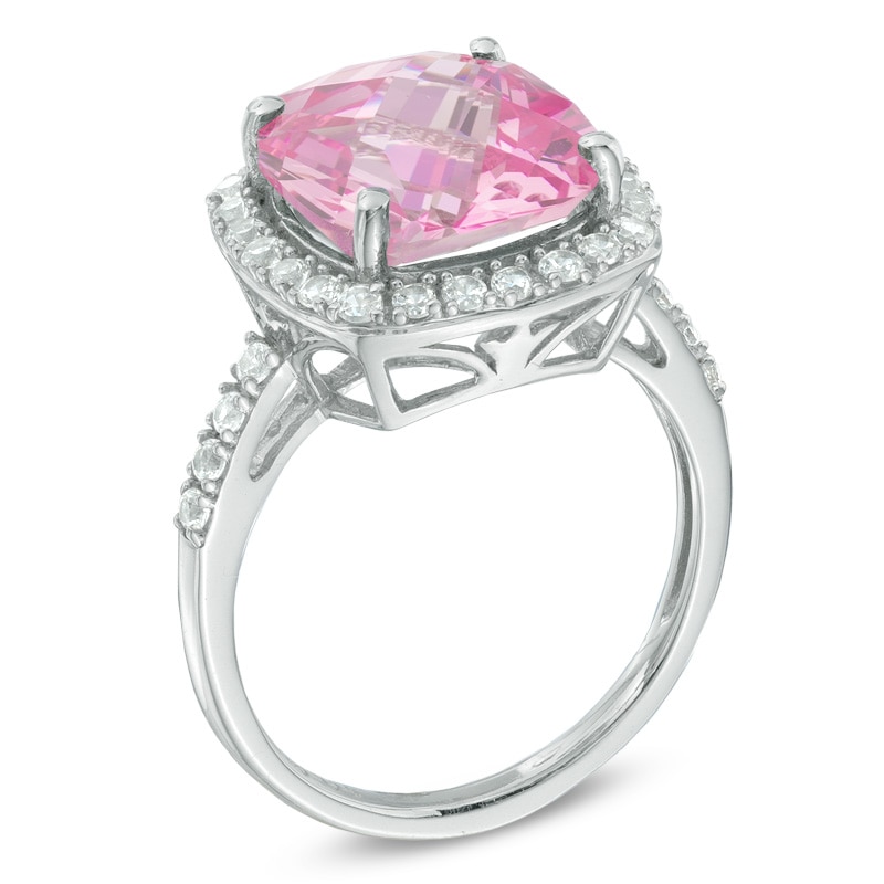 11.0mm Cushion-Cut Lab-Created Pink and White Sapphire Frame Ring in Sterling Silver