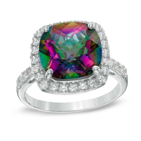 11.0mm Cushion-Cut Mystic Fire® Topaz and Lab-Created White Sapphire Frame Ring in Sterling Silver