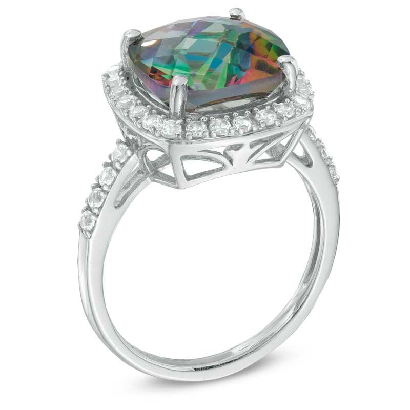 Main Image 2 of 11.0mm Cushion-Cut Mystic Fire® Topaz and Lab-Created White Sapphire Frame Ring in Sterling Silver