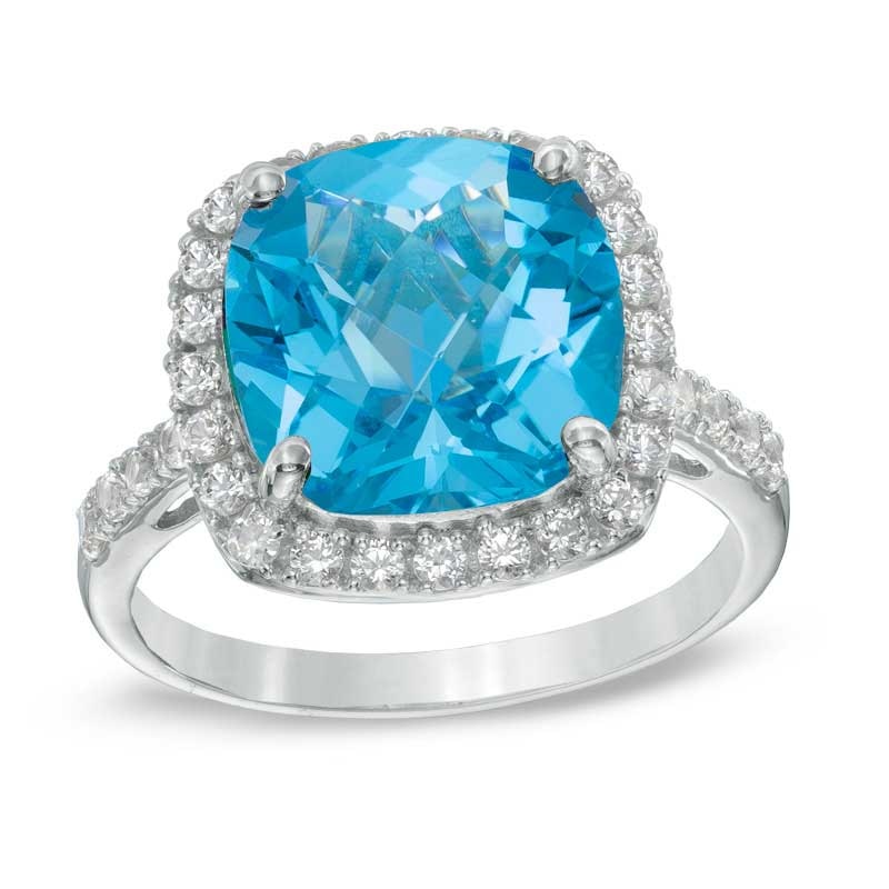 Main Image 1 of 11.0mm Cushion-Cut Swiss Blue Topaz and Lab-Created White Sapphire Frame Ring in Sterling Silver