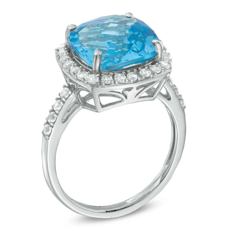 Main Image 2 of 11.0mm Cushion-Cut Swiss Blue Topaz and Lab-Created White Sapphire Frame Ring in Sterling Silver