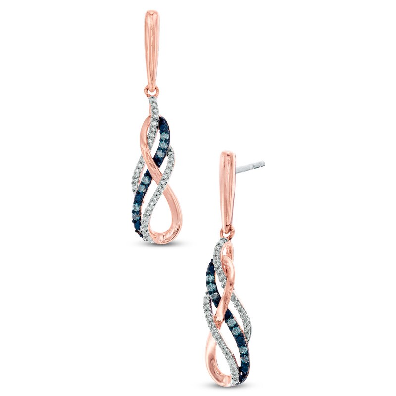 Main Image 1 of 1/5 CT. T.W. Enhanced Blue and White Diamond Layered Infinity Drop Earrings in 10K Rose Gold
