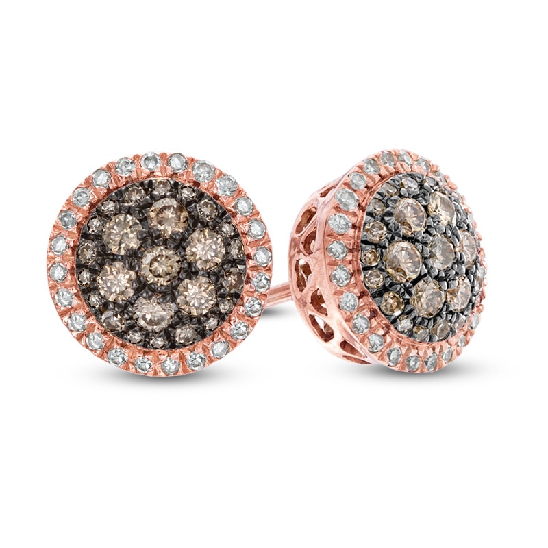 Main Image 1 of 1/2 CT. T.W. Champagne and White Diamond Cluster Frame Stud Earrings in 10K Rose Gold