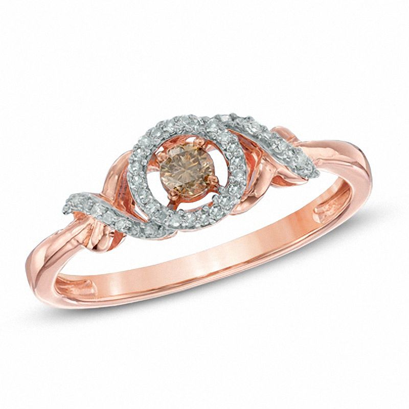 Main Image 1 of 1/6 CT. T.W. Champagne and White Diamond Promise Ring in 10K Rose Gold