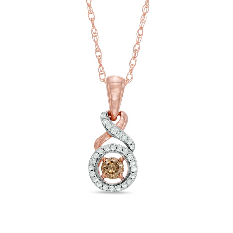 Main Image 1 of 1/6 CT. T.W. Champagne and White Diamond Twist Drop Pendant in 10K Rose Gold