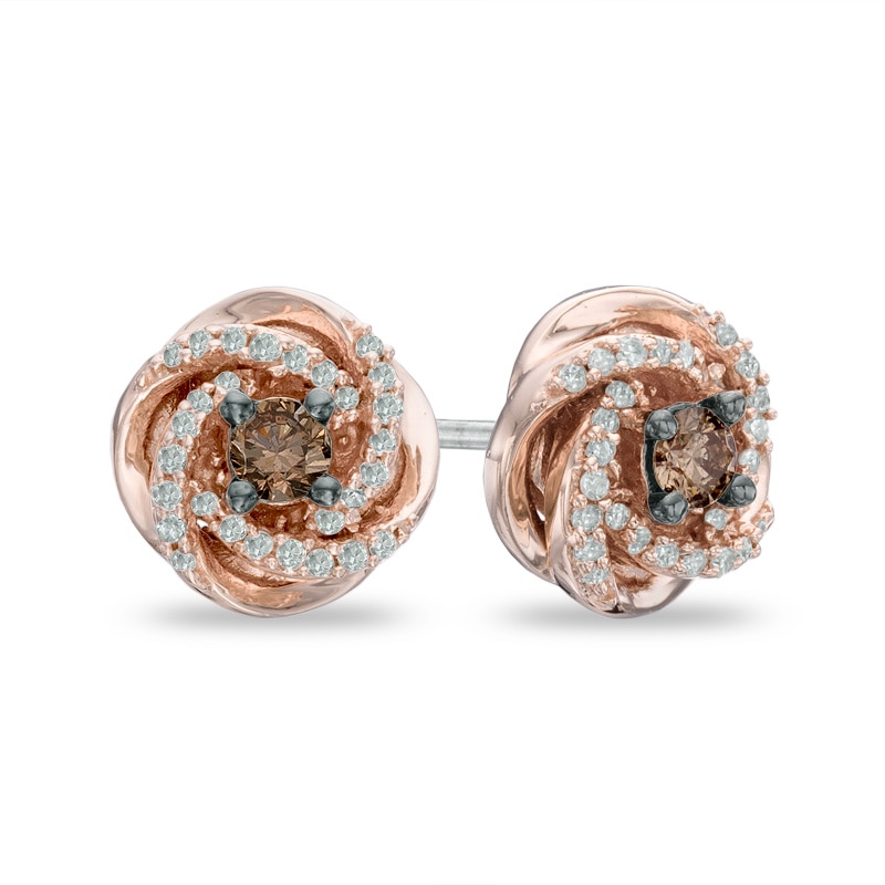 Main Image 1 of 1/4 CT. T.W. Champagne and White Diamond Orbit Frame Stud Earrings in 10K Rose Gold